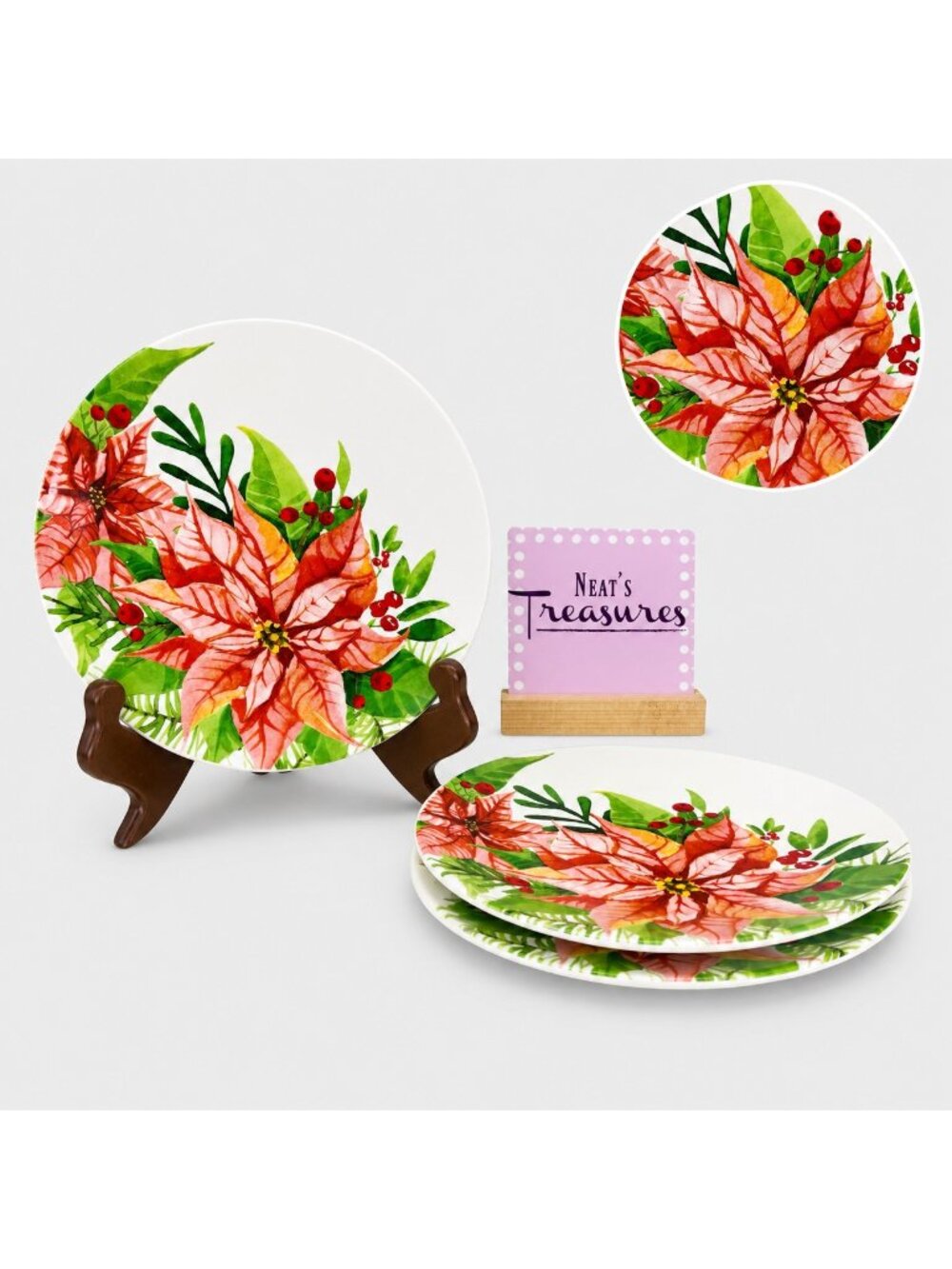 Gibson MAGIC POINSETTIA Red Floral Porcelain Christmas 7.5" Salad Plates Set 3